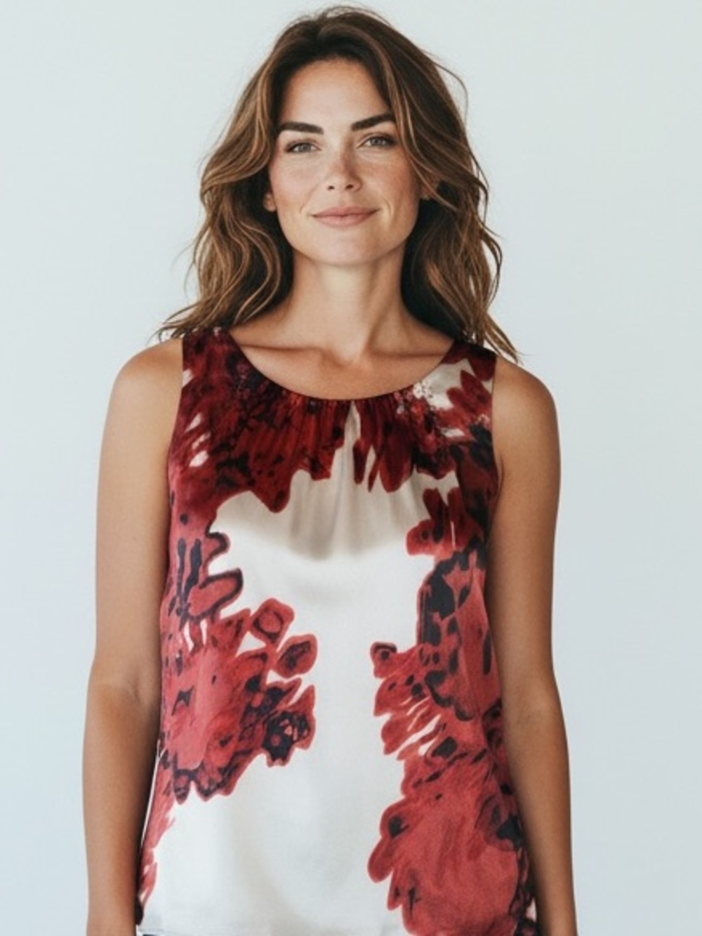 T Tahari Red Black Floral Satin Sleeveless Blouse Top Small Elegant